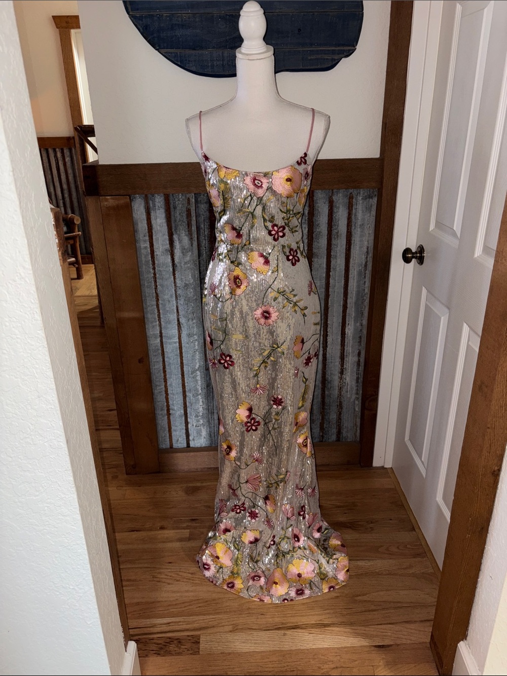 Macy's Silver Sequin Maxi Dress with Pink & Yellow Floral Embroidery